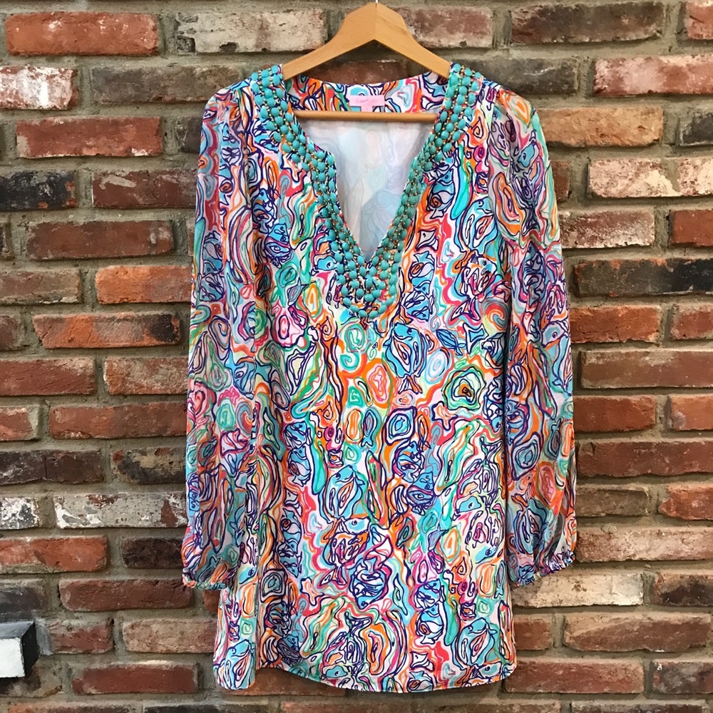 Lilly Pulitzer Seamus Silk Mini Dress w/ Turquoise Beaded Neckline Sz 4 EXC COND